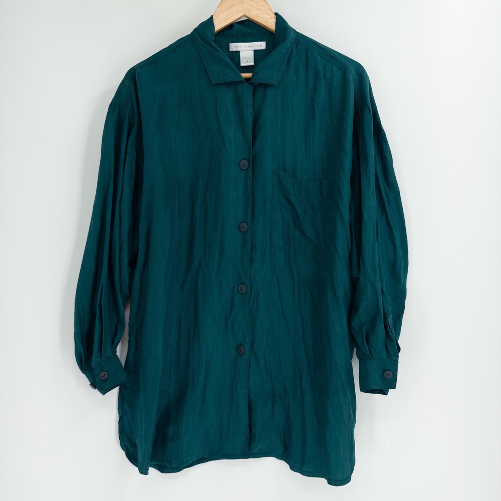 Vintage 90s The Limited Silk Button Down Women M Teal Green Oversized Lux Indie